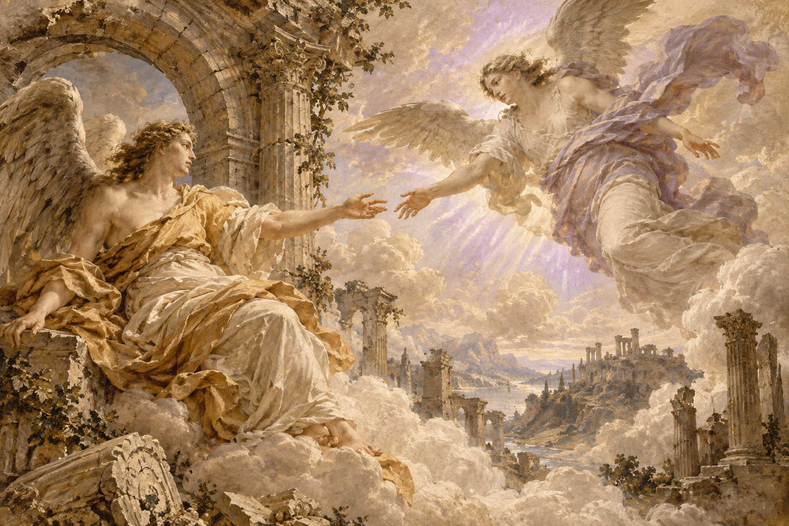Renaissance angels amongst clouds and stone architecture, touched by violet light
